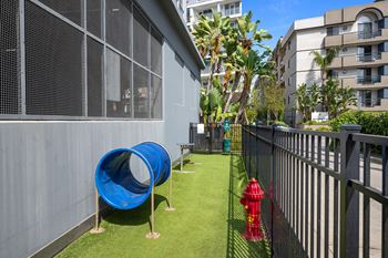 a playground with a blue tube and a red fire hydrant